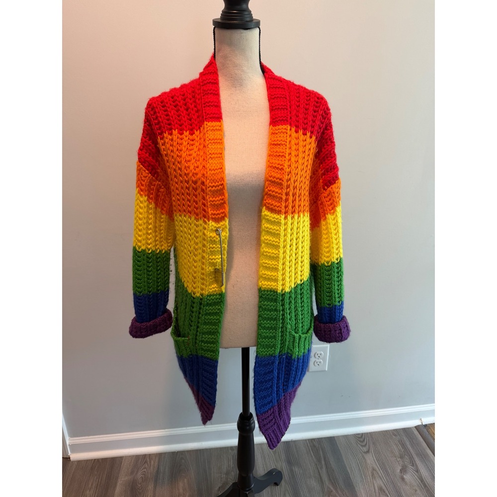 Current Mood Dolls Kill Rainbow Striped Chunky Knit Cardigan Sweater size Medium